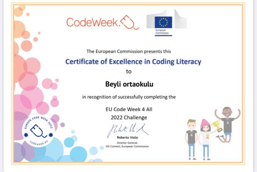 Avrupa kodlama haftası etkinlikleri kapsamında  düzenlenen Code Week görevlerini başarı ile tamamlayan okulumuz mükemmeliyet sertifikası almaya hak kazandı.
<a href="/IlcePersembe/">Perşembe İlçe Milli Eğitim Müdürlüğü</a> 
<a href="/CodeweekTurkiye/">Code Week Türkiye</a>