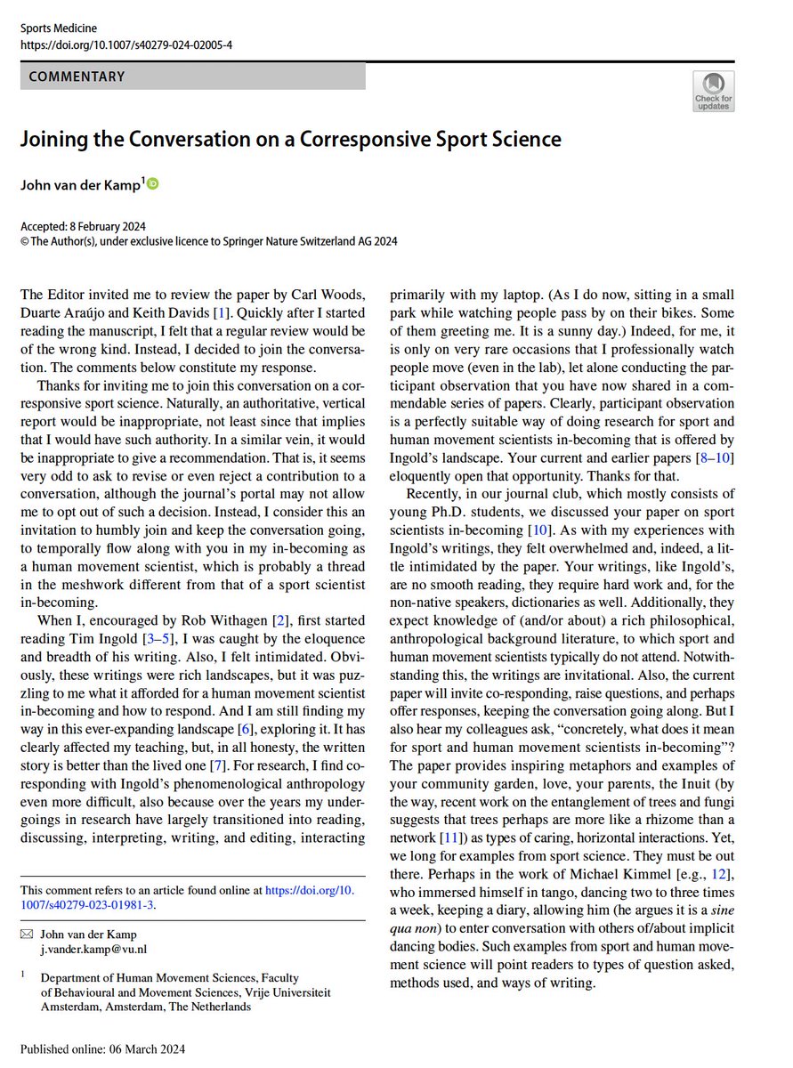 Carl Woods (@carlwoods25) on Twitter photo Humbled to have John van der Kamp write a commentary on our below paper in <a href="/SportsMedicineJ/">Sports Medicine</a>
link.springer.com/article/10.100…
I would love others to join the conversation so that together, we can work toward a response-able future in the sport and human movement sciences
More to come. Humbled to have John van der Kamp write a commentary on our below paper in <a href="/SportsMedicineJ/">Sports Medicine</a>
link.springer.com/article/10.100…
I would love others to join the conversation so that together, we can work toward a response-able future in the sport and human movement sciences
More to come.
