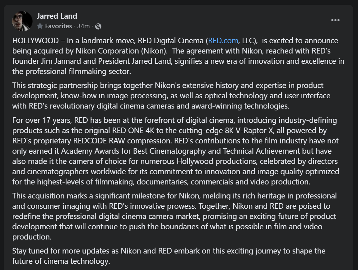 Brandon_Y_Lee's tweet photo. Holy s**t @NikonUSA  just acquired @RED_Cinema! https://t.co/XX5BhqVH91