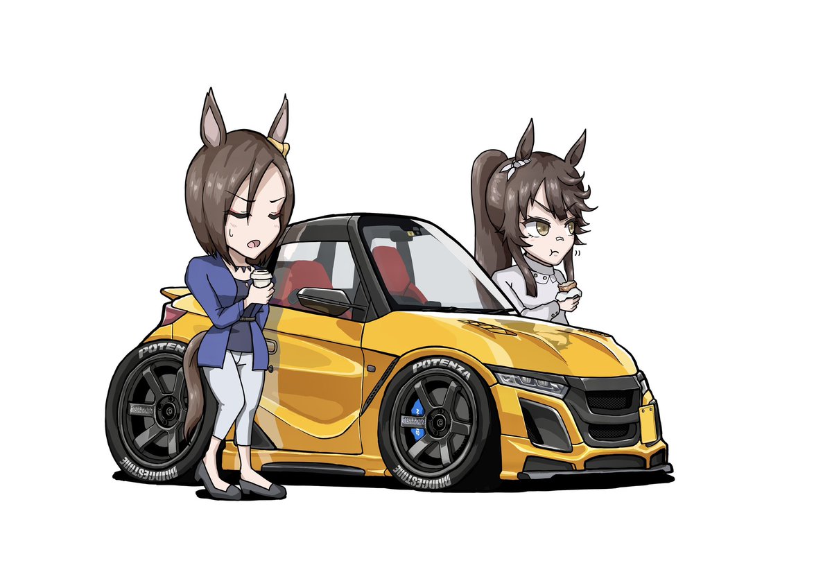 air groove (umamusume) ,narita brian (umamusume) multiple girls 2girls animal ears horse ears horse girl motor vehicle vehicle focus  illustration images