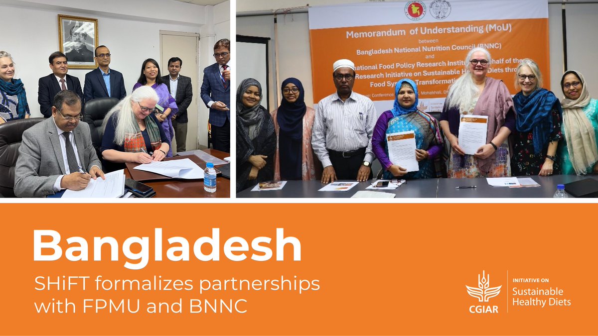 IFPRIBangladesh's tweet photo. ✍️Recently, @CGIARNutrition's #SHiFT_Initiative signed MoUs with @BNNCBD & the Food Planning and Monitoring Unit (FPMU) of the Ministry of Food to promote sustainable & #healthierdiets in Bangladesh🇧🇩
Read: https://t.co/aIrwfmjLv8
#OneCGIAR #ZeroHunger #FeedtheWorld https://t.co/AuXeRzSVMP