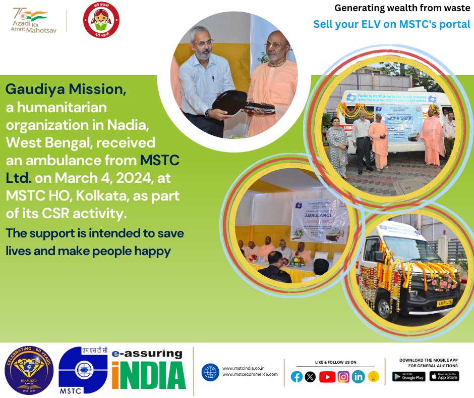 mstcindia's tweet image. Gaudiya Mission in Nadia, WB, received a lifesaving ambulance from MSTC Ltd. on March 4, 2024, as part of their CSR initiative to save lives and bring joy.
#CSR #LifesavingSupport #Ambulance 🙌🏥🚑

@SteelMinIndia @JM_Scindia @Officejmscindia
@fskulaste @FSKulasteOffice @PibSteel