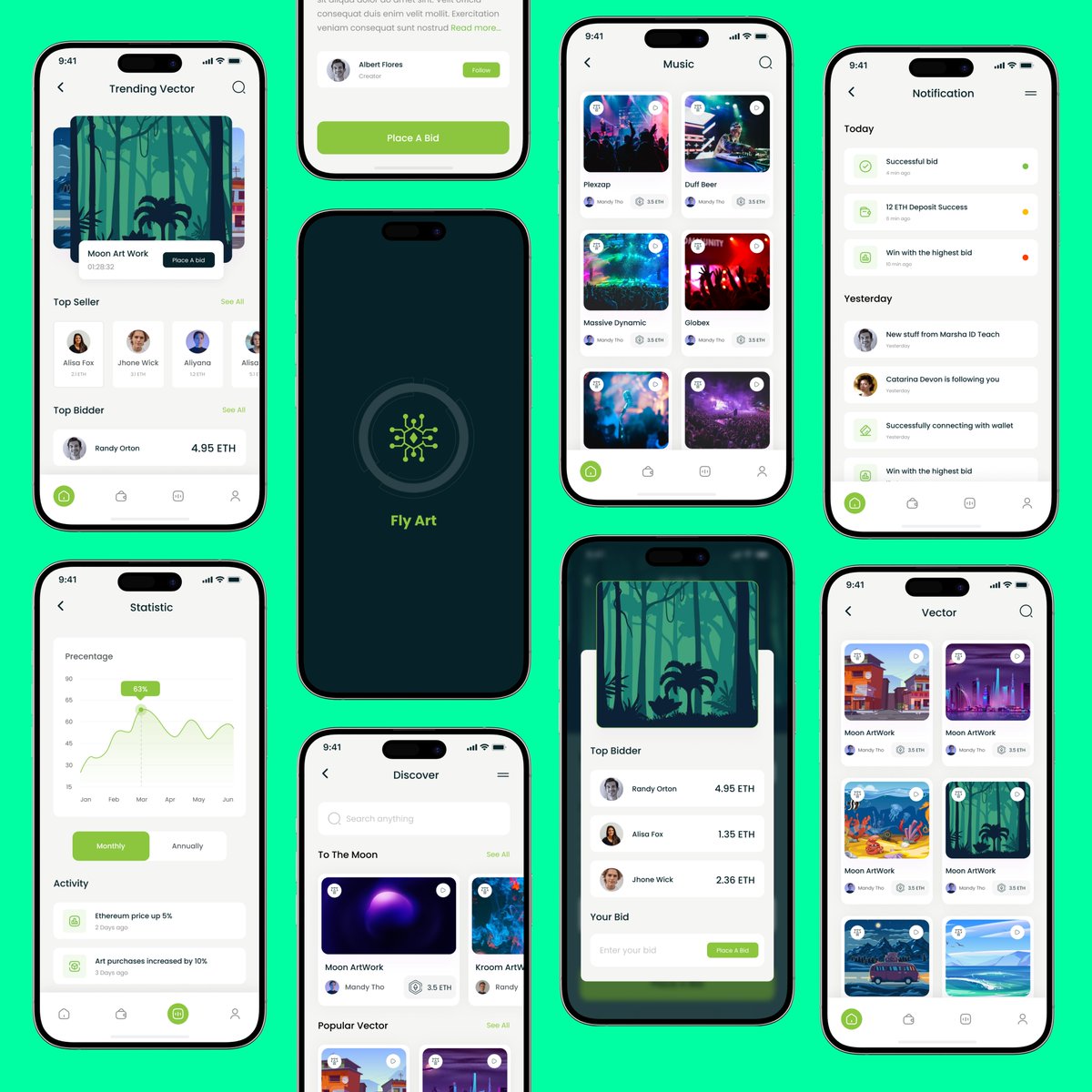 getwebinc's tweet image. Here&apos;s a stunning NFT Mobile App we designed recently - The Fly NFT Mobile App!

NFT app design is a little challenging because there are more features to add, such as wallets, filtering options, search functionality, bidding, and categories.