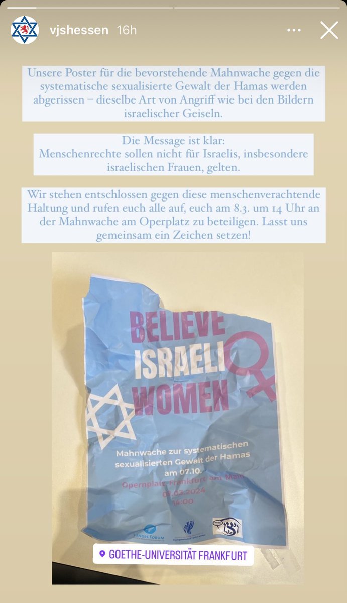 antiswatchffm's tweet photo. An der @goetheuni #Frankfurt werden gezielt Poster für die morgige Kundgebung gegen die systematische sexualisierte Gewalt der Hamas abgerissen. #antisemitismus https://t.co/1UgZBuWOjP