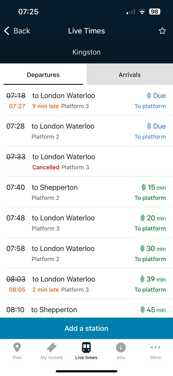 dfjww's tweet photo. @SW_Help why is the 7.33am train to London Waterloo always late or cancelled. The service is not improving! https://t.co/yZdQg9CAAl