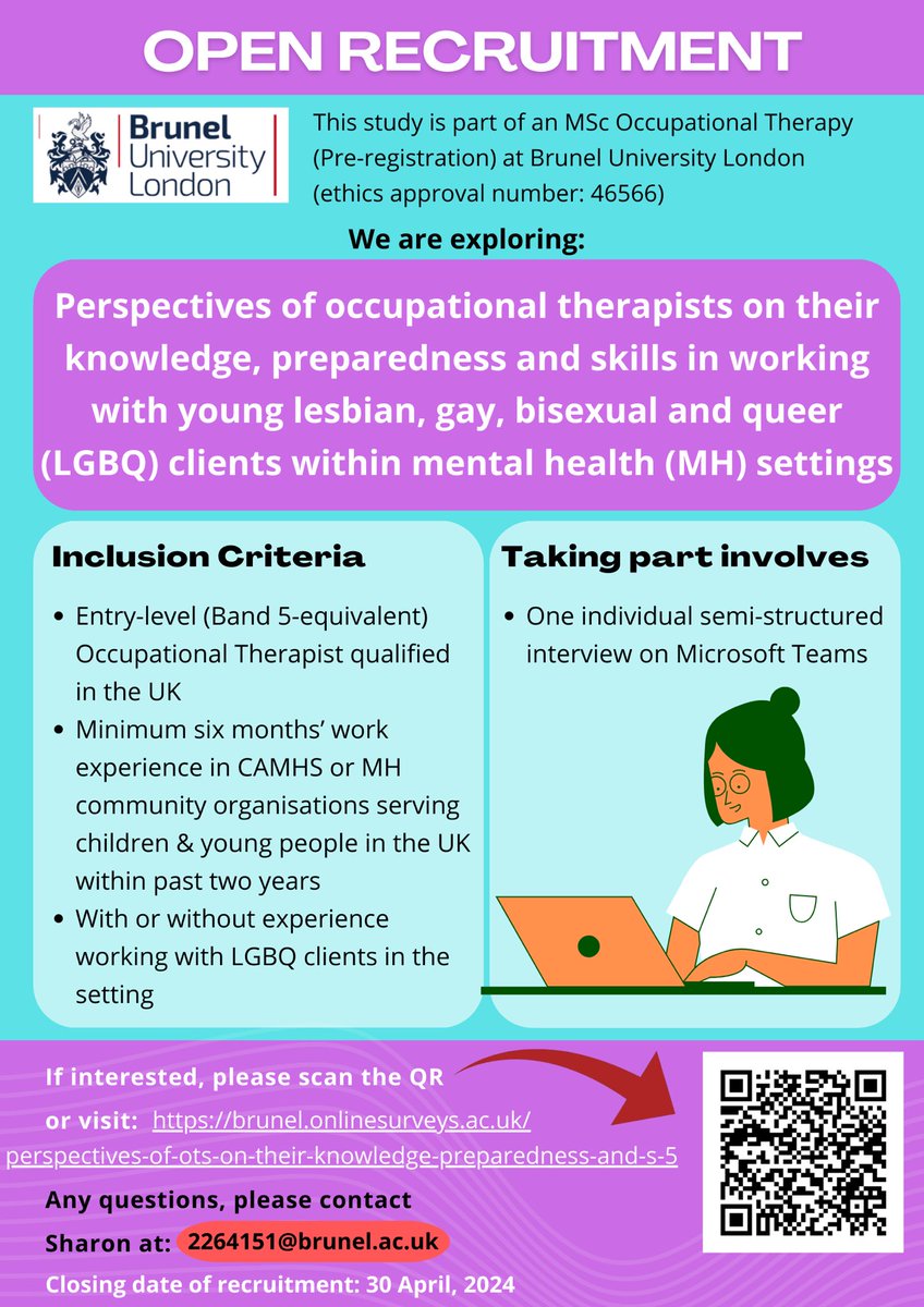 Calling Band 5 OTs with work experience in CAMHS or Mental Health community organisation to participate in research. Participate to contribute to increased LGBQ inclusion awareness in healthcare, in answer to one of RCOT's top research priorities on exploring the impact OTs have