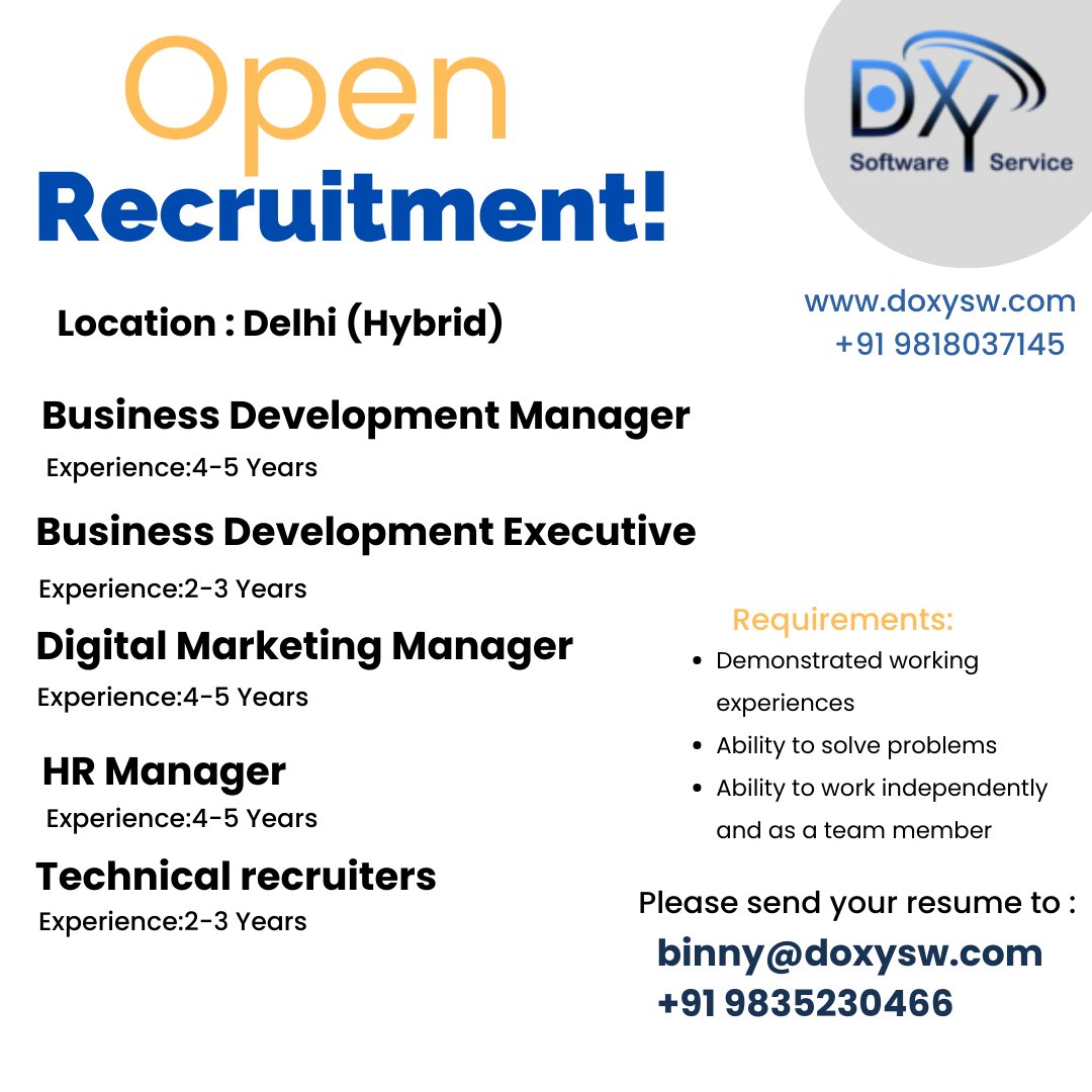 Doxy Software Services Pvt. Ltd. is Hiring!

📢 Spread the Word!
Know someone who would be a great fit for one of these roles? Tag them in the comments or share this post with your network. Let's build the future together!

#hrmanagerjobs #DigitalMarketingManager   #HiringNow