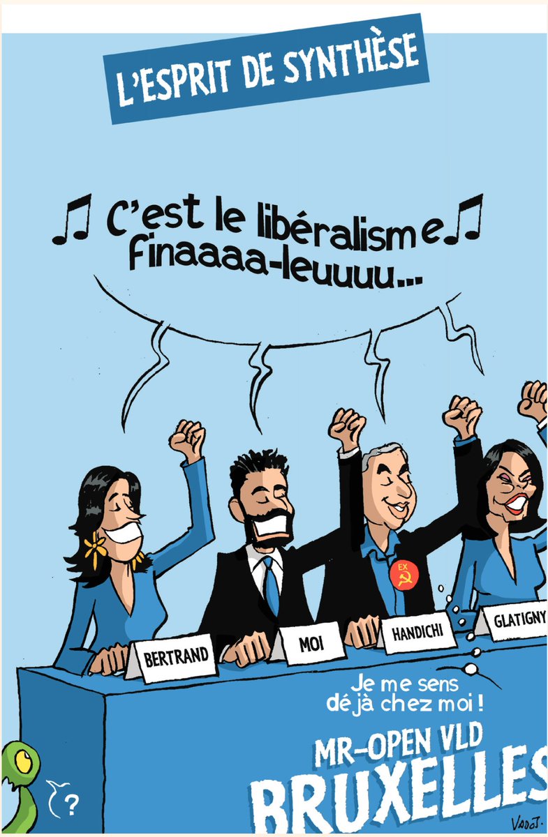 Cartoon de Vadot dans <a href="/lecho/">L'Echo</a> #MarxisteLibéral 
#Liste MR-PTB #Handichi.