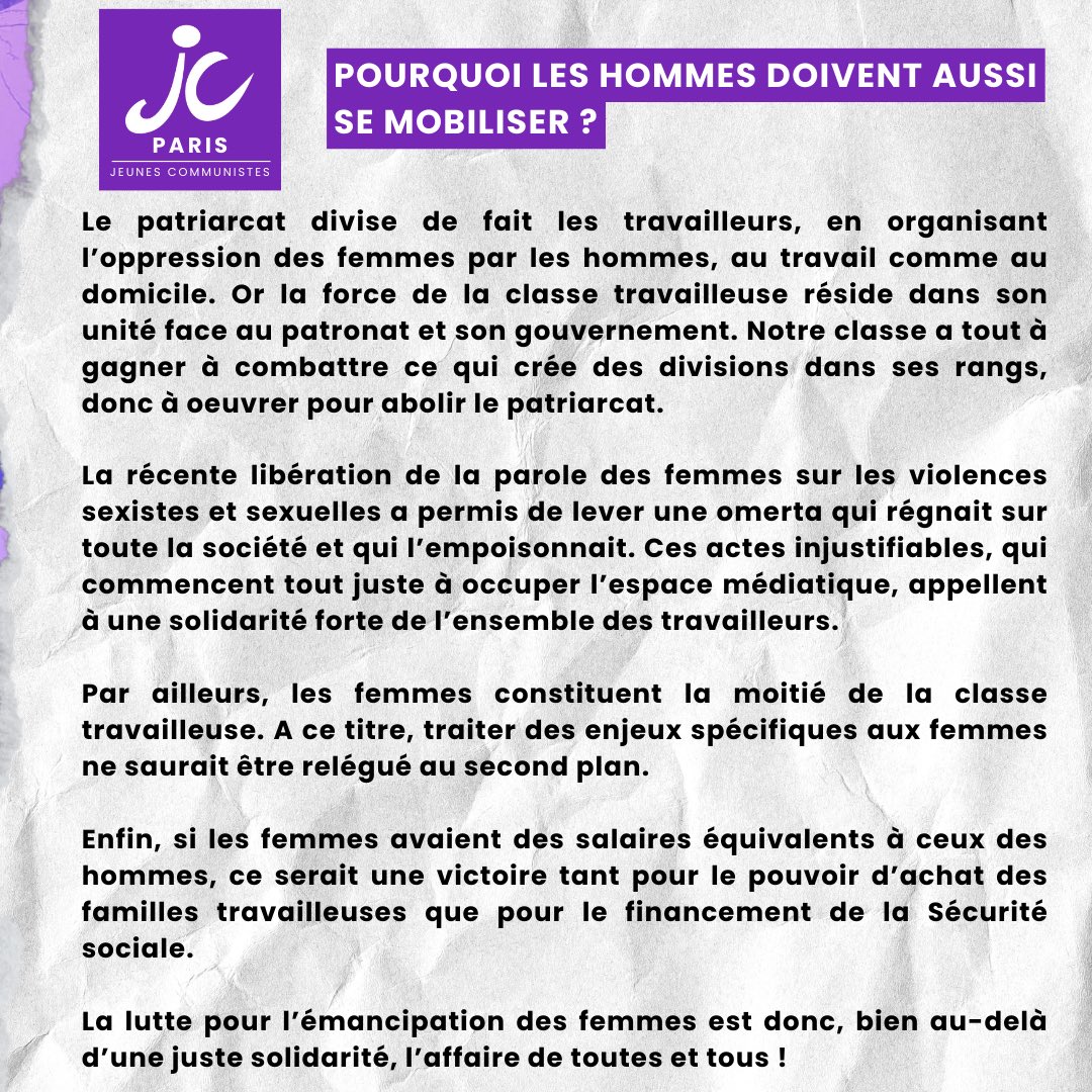 MJCF75's tweet photo. 🟣 8 MARS : POURQUOI LES HOMMES DOIVENT AUSSI SE MOBILISER

👉 Au-delà d’une nécessaire solidarité de l’ensemble de la classe travailleuse, une victoire pour les unes est une victoire pour tous ! https://t.co/ThB1hMg89X