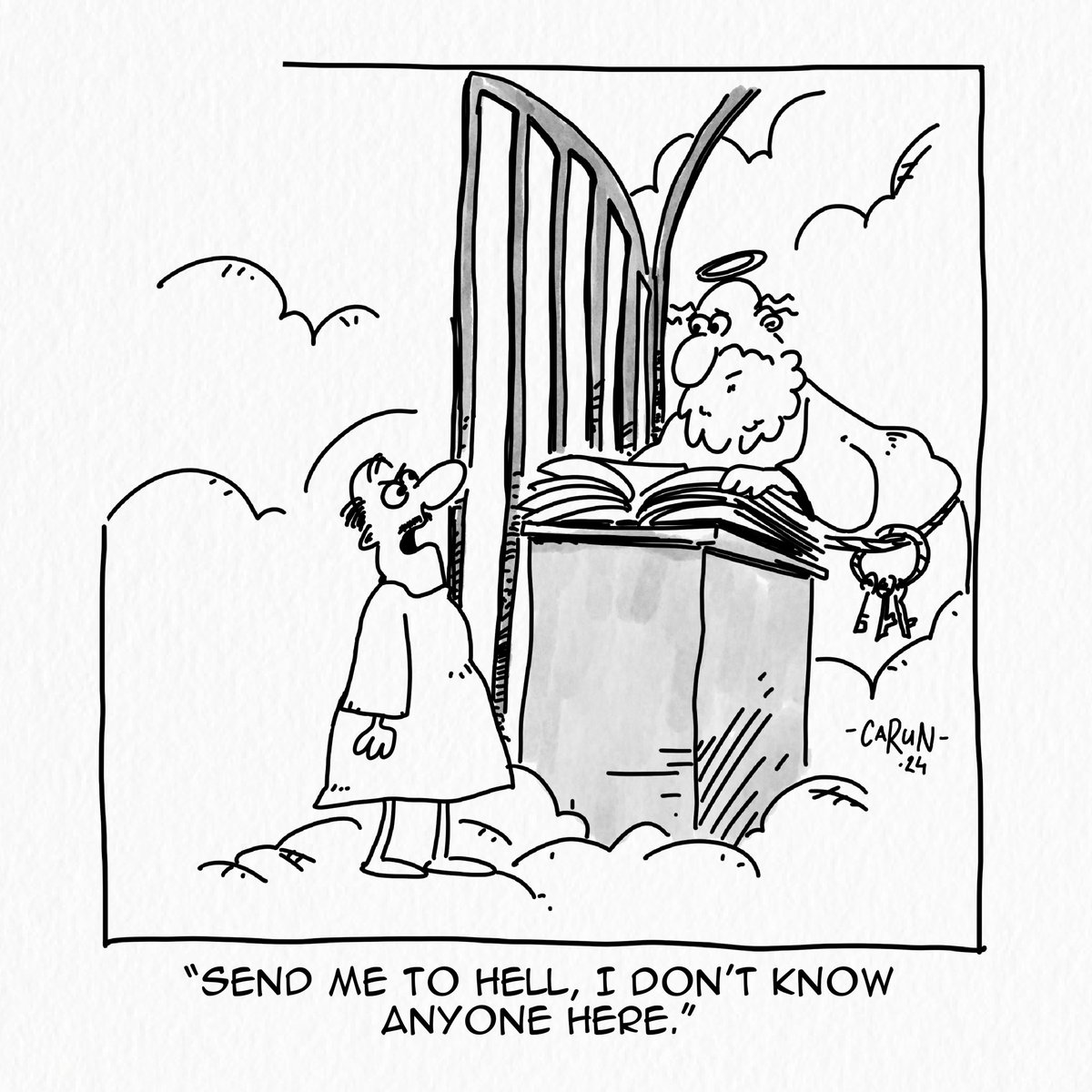 “Send me to Hell, I don’t know anyone here.”

#art #artwork #sketch #doodle #drawing #inking #illustration #cartoon #cartoonists #cartoonillustration #comics #comicstrip #gagcartoon #heaven #hell #afterlife #funny