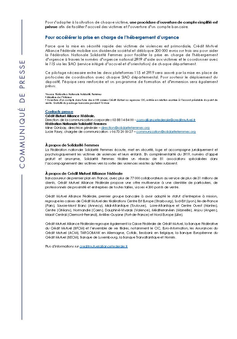 Je partage avec mon réseau ce communiqué de presse par lequel <a href="/CreditMutuelAF/">Crédit Mutuel Alliance Fédérale</a> annonce adapter son offre bancaire pour aider les femmes victimes de violences conjugales à retrouver leur indépendance financière et mobiliser son dividende sociétal pour aider la Fédération Nationale