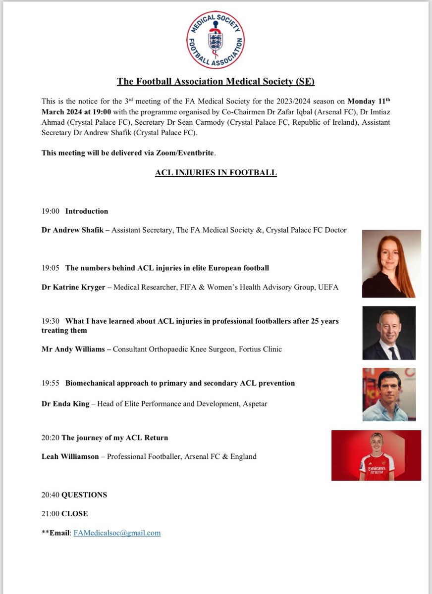 4️⃣ DAYS LEFT TO SIGN UP our 3️⃣rd event of the 2023/2024 season is on ➡️ ACL INJURIES IN FOOTBALL 📔 Monday 11th March 2024 ➡️ Registration LINK below shorturl.at/sBMNX