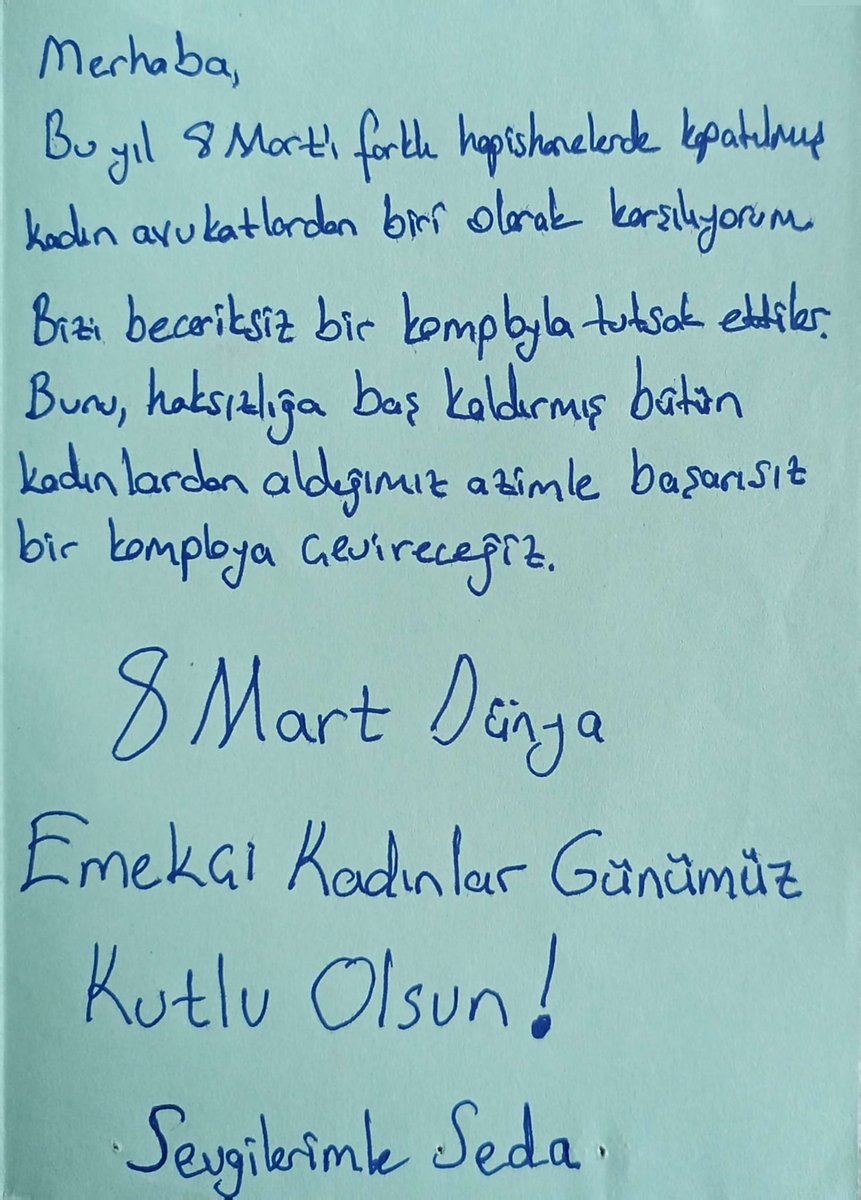 Tutsak avukat arkadaşımız Seda’dan 8 Mart mesajı var! 

Hapishanelerden sokaklara kadın dayanışmasını büyütmek için 8 Mart 19.30’da Taksim'de, Feminist Gece Yürüyüşü'ndeyiz. 

Yaşasın 8 Mart! Yaşasın feminist mücadelemiz!

#8M2024