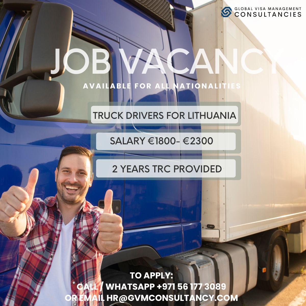 gvmconsultancy's tweet photo. GVMC are looking for a Truck Driver, available to start working in Lithuania!

The essentials:
- Class C or equivalent commercial driver’s license
- Clean Police Conduct

Call/WhatsApp on +971 56 177 3089
Email on hr@gvmconsultancy.com

#Dubai #UAE #GVM #TruckDriver https://t.co/fWC3Hjeanx