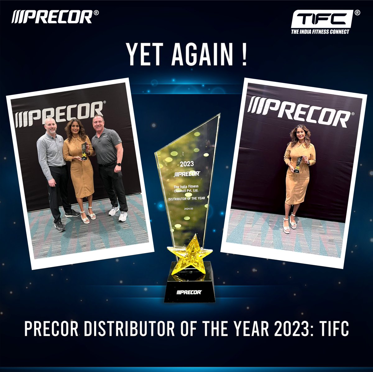 TIFC_India's tweet photo. #TIFC wins big!!! Building on the winning streak with our 4th #PRECOR #DistributorofTheYear2023Award! 🏆⭐
A massive shout-out to Precor for all the support! This one goes to our business partners, clients, and the unstoppable #TIFCFamily.
Here’s to more!🙏
#TIFCWins https://t.co/d41mha9S3h