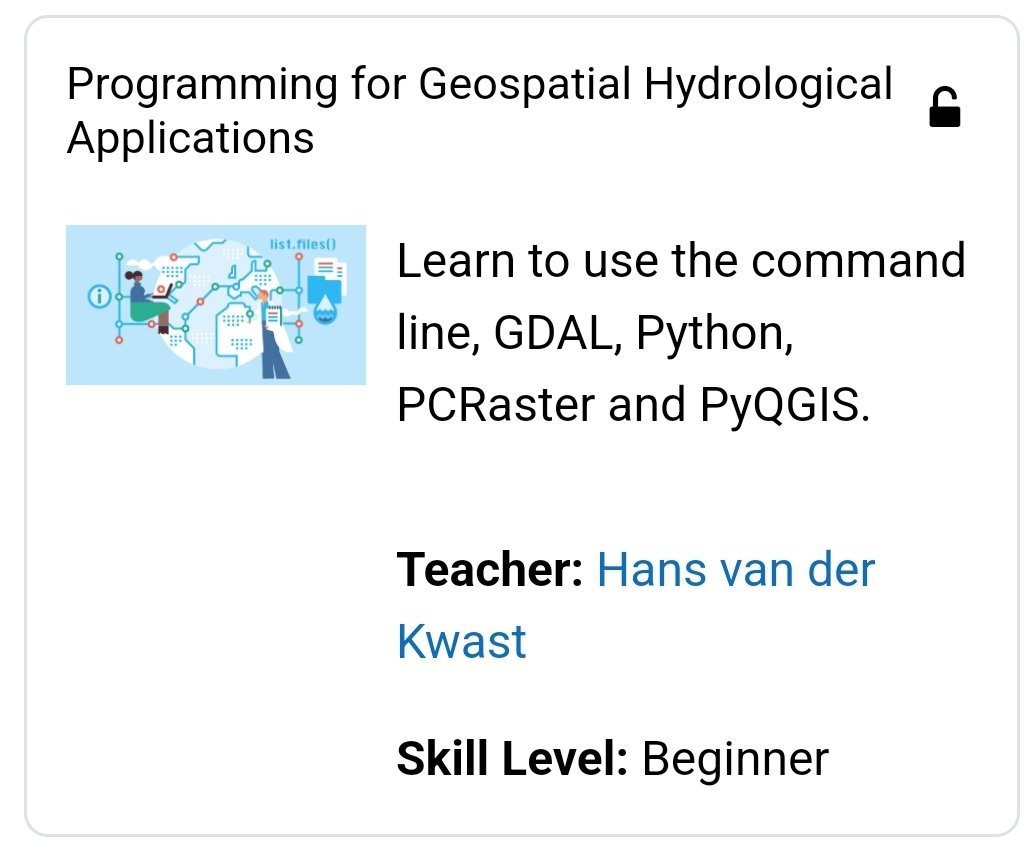 It's #OEWeek🎉🎓
Today, we're highlighting the course Programming for Geospatial Hydrological Applications. Check out the #OpenCourseWare and learn CLI, #GDAL, #Python, #PCRaster & #PyQGIS. @ihedelft @hansakwast gisopencourseware.org
