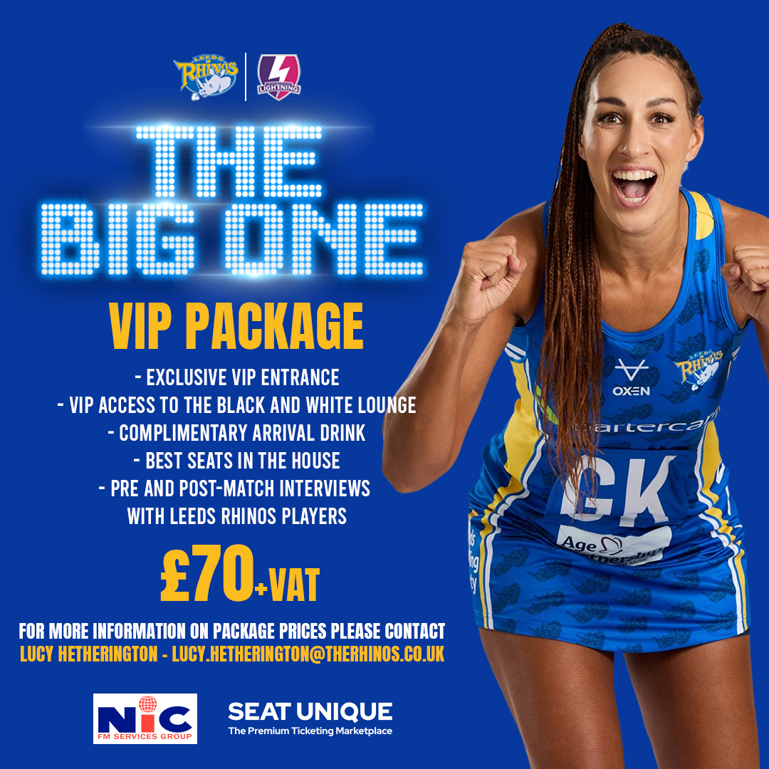 𝗘𝗻𝗷𝗼𝘆 𝗮 𝗩𝗜𝗣 𝗲𝘅𝗽𝗲𝗿𝗶𝗲𝗻𝗰𝗲! Rhinos Netball 🆚 @LboroLightning Join us in the Black and White Lounge for our at the @fdarena on 28th April! Book now➡️ tinyurl.com/zs6nzkvd