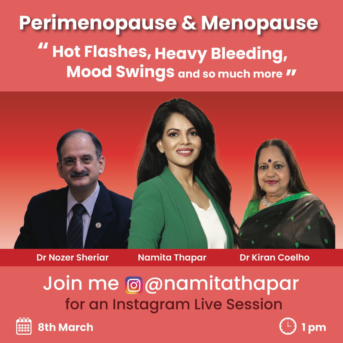 What better way to celebrate women’s day than to get educated on your health. Dr Nozer & Dr Kiran are two of the topmost gynaecologists of our country & have done extensive work on menopause. Please do attend this half hour insta live tomorrow to learn from experts !
