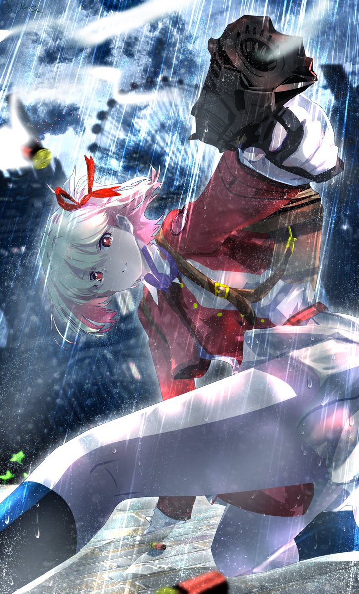 nishikigi chisato 1girl gun weapon lycoris uniform rain holding gun red eyes  illustration images