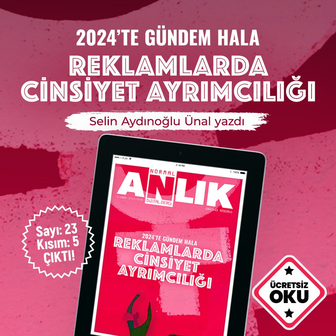 CİNSİYETÇİLİĞİN REKLAMLARDAKİ YANSIMALARI: BİR FARKINDALIK ÇAĞRISI
<a href="/lagalugacilar_/">Lagalugacılar</a> kurucusu <a href="/saydinoglu/">Selin Aydınoğlu</a>'nun reklam ve iletişim sektörünün cinsiyetçilikle mücadeledeki yaklaşımını anlattığı yazısını Anlık Normal'in yeni sayısında okuyabilirsiniz
#8Mart  
normaldergi.com/sayilar/sayi-2…