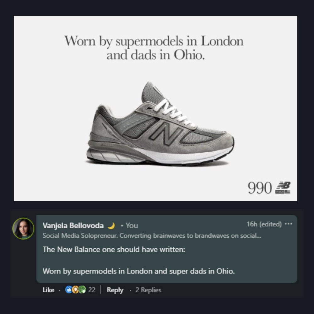 Hey @newbalance, I improved your ad copy, next time hire me. ✌️