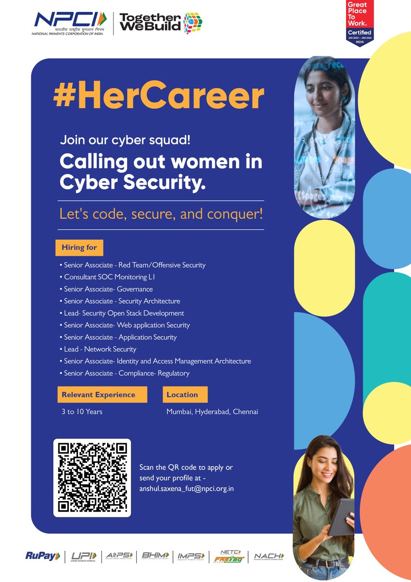 We’re looking for women coders who are ready to conquer the digital landscape. Explore new horizons in coding with our #HerCareer initiative, where we invite skilled women to join us in shaping the digital payments ecosystem. To join our dynamic team, scan the QR code. #NPCI