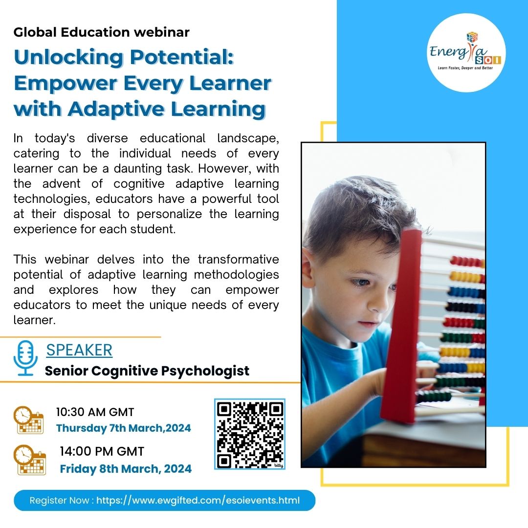 Global Education webinar - Unlocking Potential: Empower Every Learner with Adaptive Learning. #Energia #GlobalEducation #Webinar #UnlockingPotential #EmpowerEveryLearner #AdaptiveLearning
.
Register Now : ewgifted.com/esoievents.html