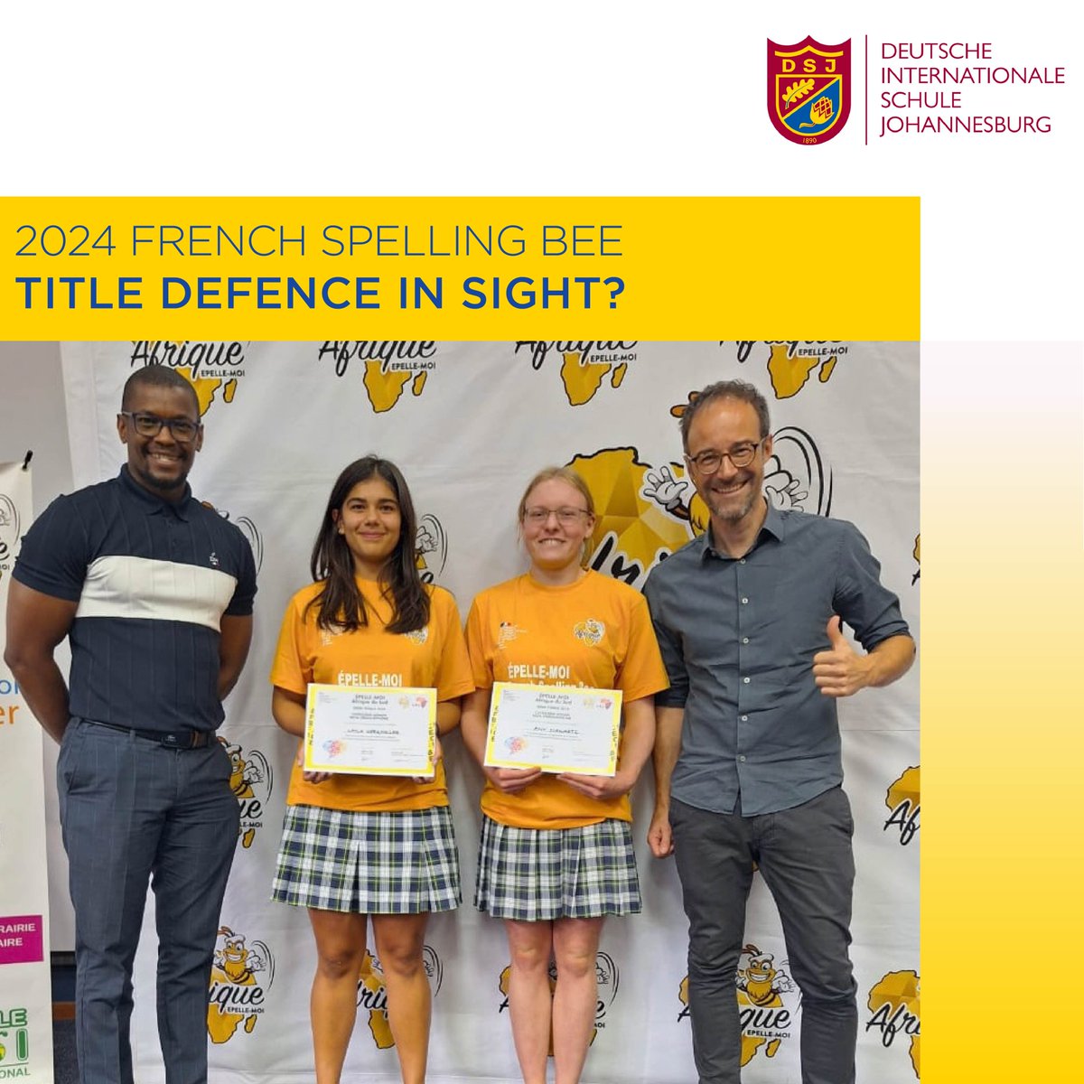 TITLE DEFENCE IN SIGHT? Defending champion Amy Schwartz (11a) and Lalya Oberholzer (11b) took top spots at the semi-finals of the French-speaking Spelling Bee competition Épelle-moi Afrique du Sud. Finals take place on 16 March at @DSJ_School #EinsatzDSJ #StrongerTogether