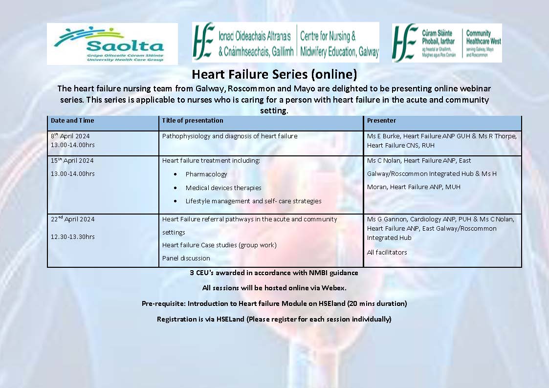 Registration via @HSE_HSeLanD is now open for the Heart Failure Series Webinars on the 08th, 15th and 22nd of April. All one hour sessions will be hosted online via WebEx. You must complete the Heart Failure Module on HSELanD as a pre-requisite to registereing for this event