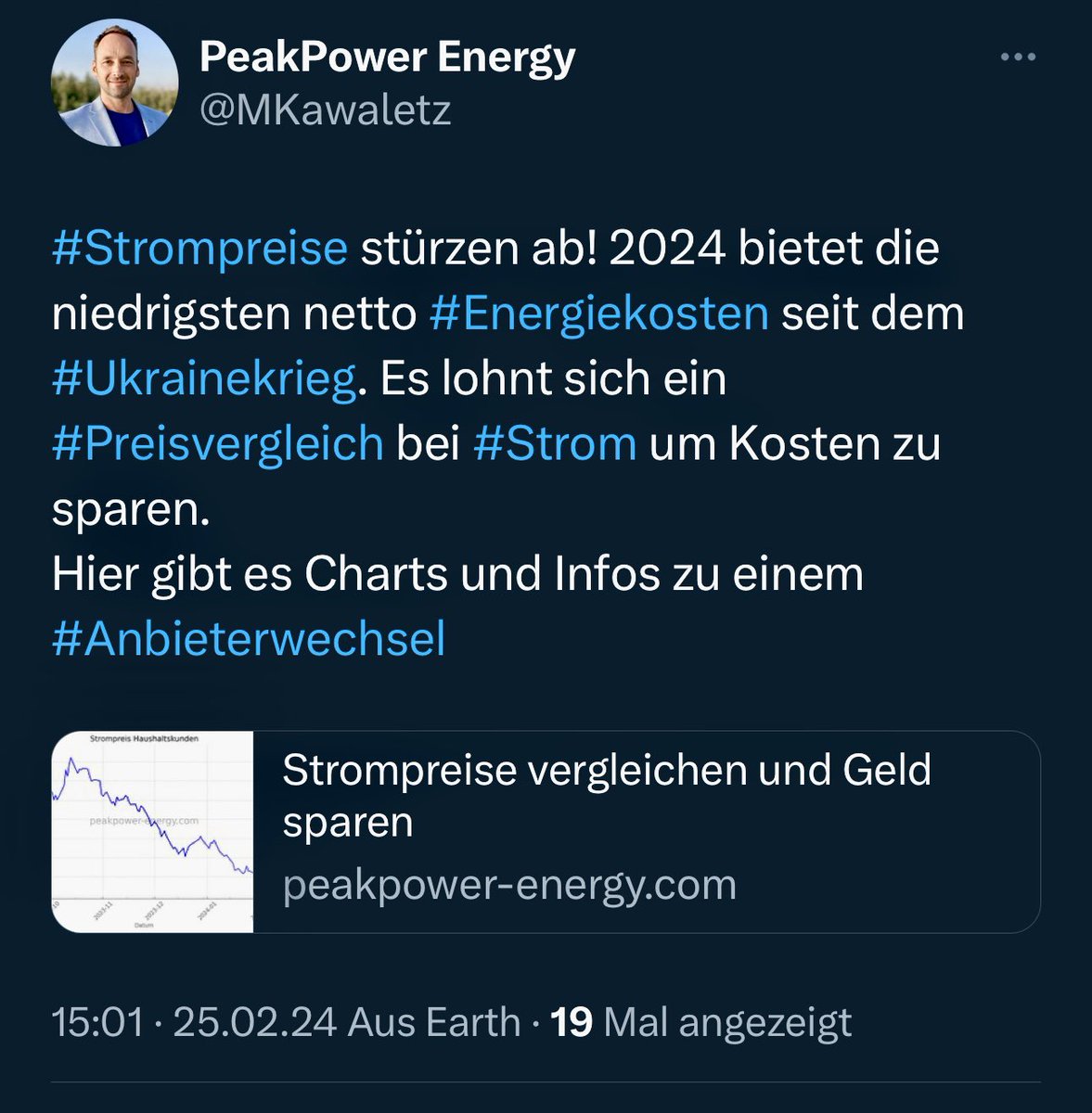 MKawaletz's tweet image. Am 25.02.24 habe ich aufgrund der niedrigen #Strompreise zum #Preisvergleich aufgerufen. Seitdem sind die #Energiepreise wieder gestiegen. 

Ein Vergleich lohnt sich aber immer noch. 

peakpower-energy.com/strompreisverg…

#energie #strom #erneuerbare
