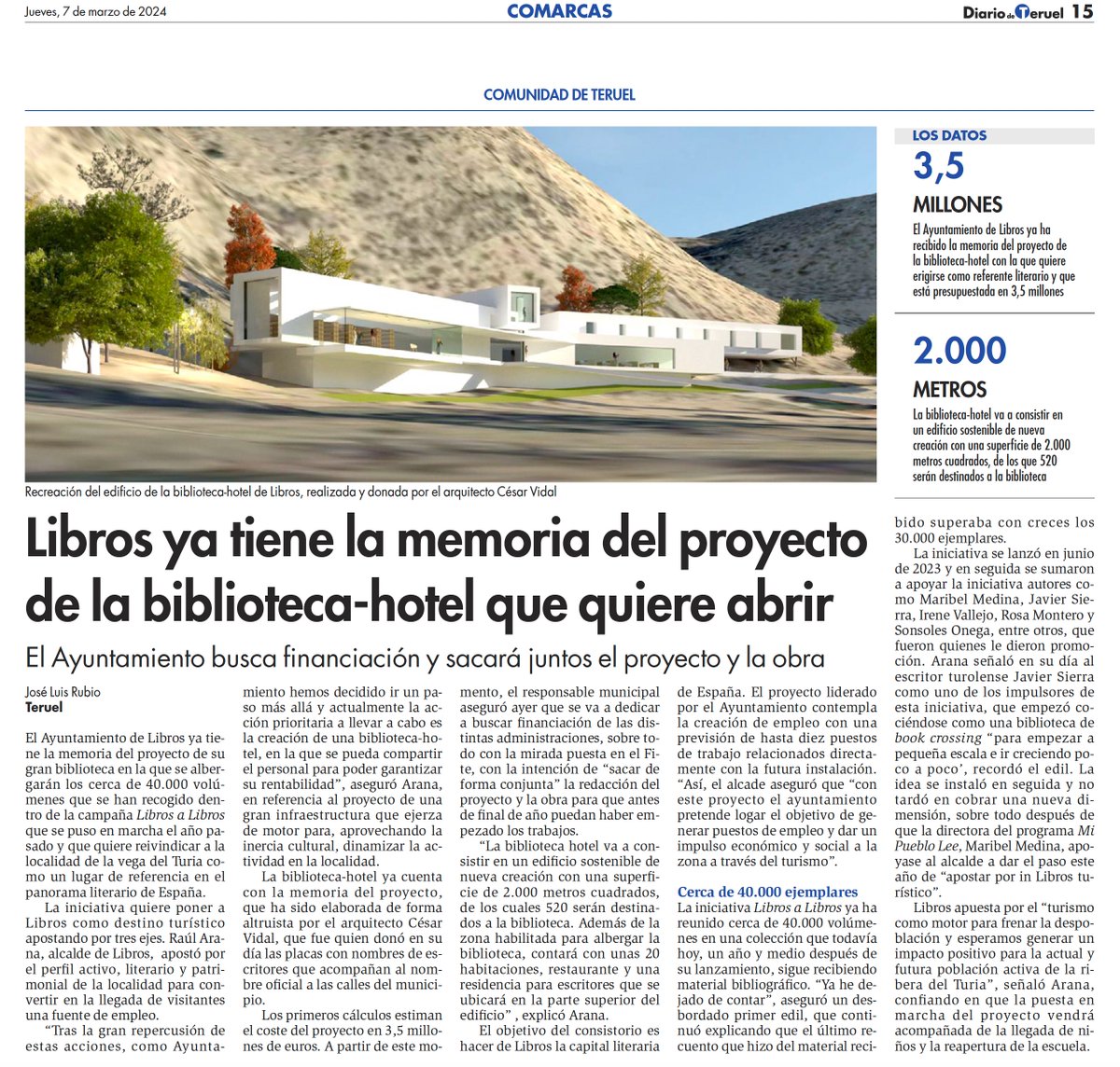 No hay otro lugar en Europa que se llame Libros. Tiene 101 habitantes, está en #Teruel, y ha decidido volcarse en el fomento de la literatura. Este es el proyecto de Hotel-Biblioteca que han presentado y para el que ya buscan financiación. ¡Un sueño maravilloso!
#LibrosaLibros👇