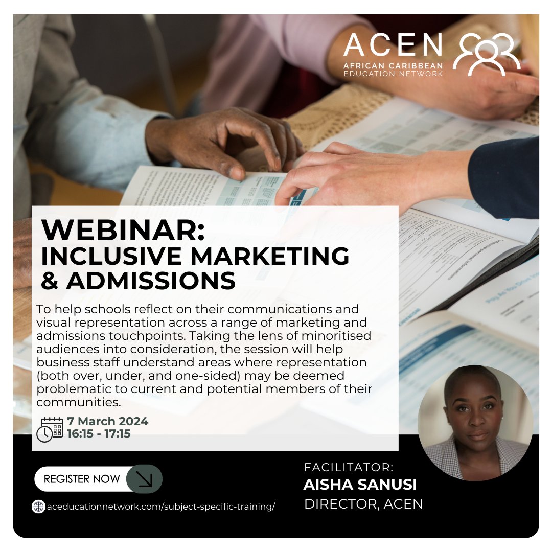 Our focused webinar series covers various subjects and school functions, aiming to integrate racial inclusion seamlessly into teaching. The 3rd webinar, Inclusive Marketing & Admissions will be delivered today by Aisha Sanusi at 16:15 - 17:25. Please register on our website.