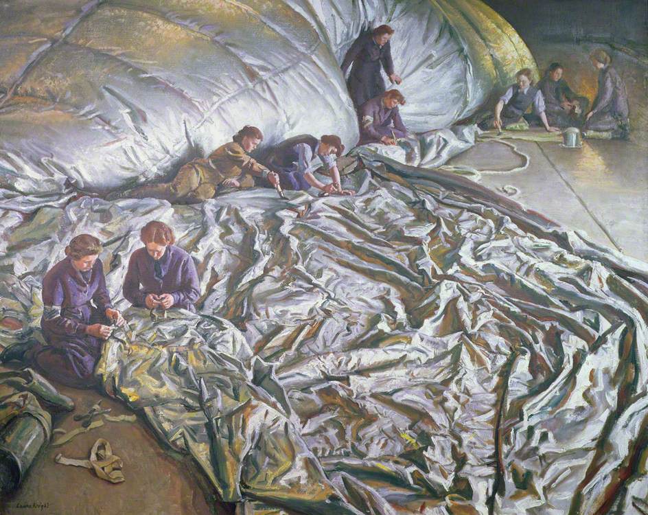 We chose this painting by Laura Knight to commemorate #WomensHistoryMonth, as she paved the way for female artists. In this painting, women are mending a barrage balloon to emphasise their efforts during WWII. 🖼️ 📷Bridgeman Images #OnlineArtExchange @artukdotorg