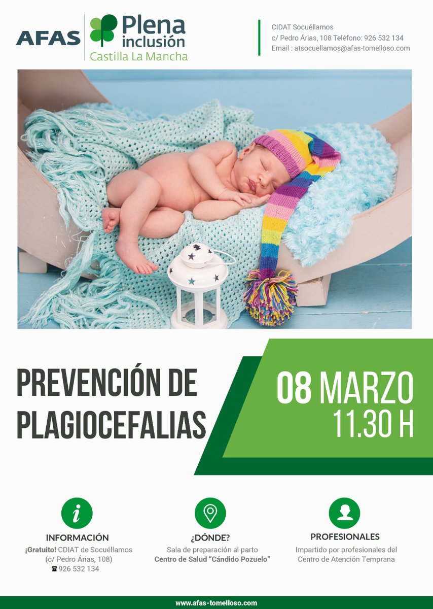 Todavía estás a tiempo‼️
👶 No te pierdas la charla que nuestros compañeros de Atención Temprana en #Socuéllamos van a impartir sobre la Prevención de Plagiocefalias 
📅 0️⃣8️⃣ Marzo 
⏰ 11.30 h 
📌 Centro de Salud "Cándido Pozuelo" (Socuéllamos)
🆓 #Gratuito