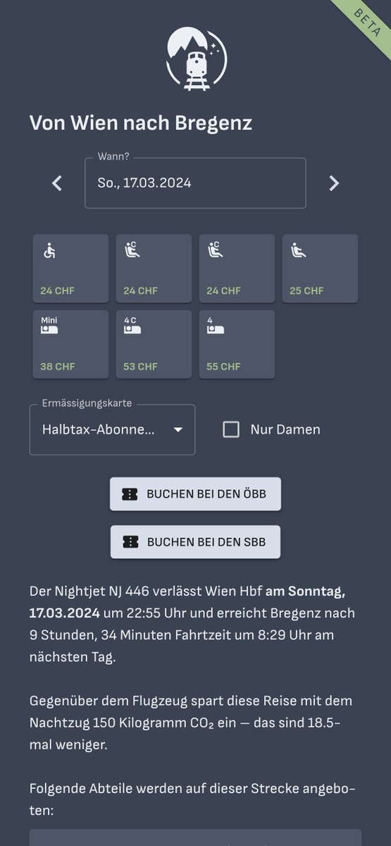 Mit dem nigelnagelneuen #Nightjet von Wien in den Vorarlberg! Teilweise gibt es die Tickets für Mini Cabins ab 40 €. Jetzt auf night-ride.ch Preise checken: night-ride.ch/connections/nj…
