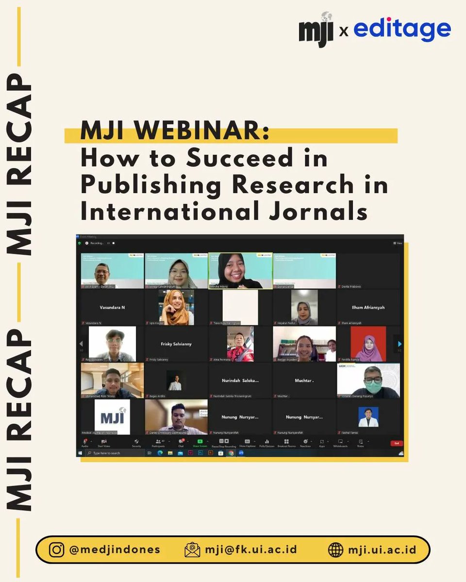 MedJIndones's tweet photo. Medical Journal Indonesia in collaboration with Editage has successfully held the webinar.

Thank you for all the supports and participation, thus making this webinar went smoothly. See you on another MJI Webinar!

#webinar #medicalresearch #medjindones https://t.co/704bmiBo6a