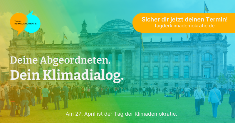 Jetzt redest du mit deinen Bundestagsabgeordneten! Am #TagderKlimademokratie machen wir es möglich: In nur wenigen Sekunden kannst du dir ab sofort deinen Platz in einem von mehr als 70 (Klima-)Gesprächen sichern. Bist du dabei? 👉 tagderklimademokratie.de/dialog