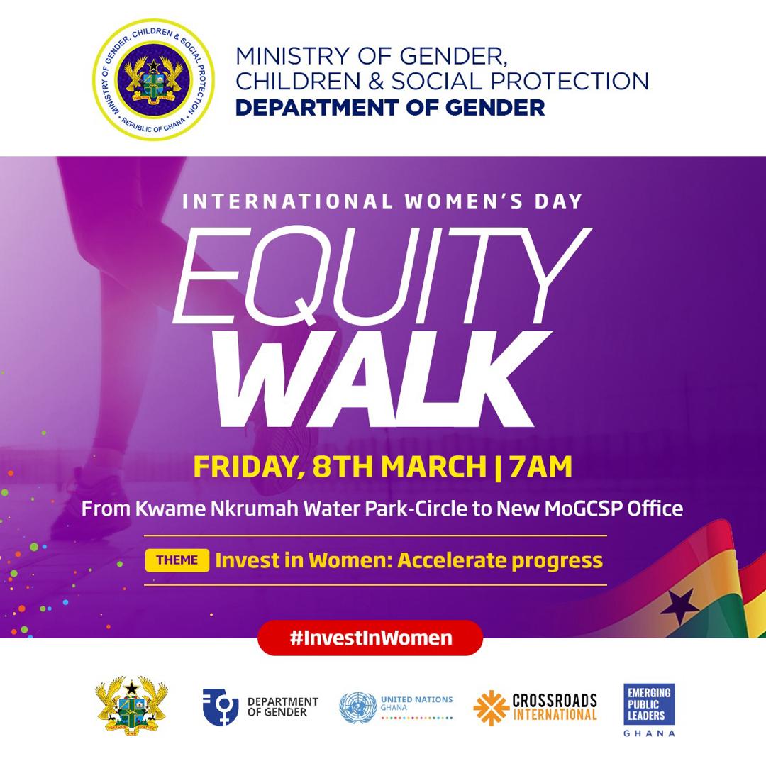 COMMEMORATION OF 2024 INTERNATIONAL WOMEN'S DAY CELEBRATION The Ministry of Gender, Children and Social Protection humbly invites individuals and stakeholders to participate in a walk to commemorate the 2024 International Women's Day celebration. (IWD) #MoGCSP_Ghana