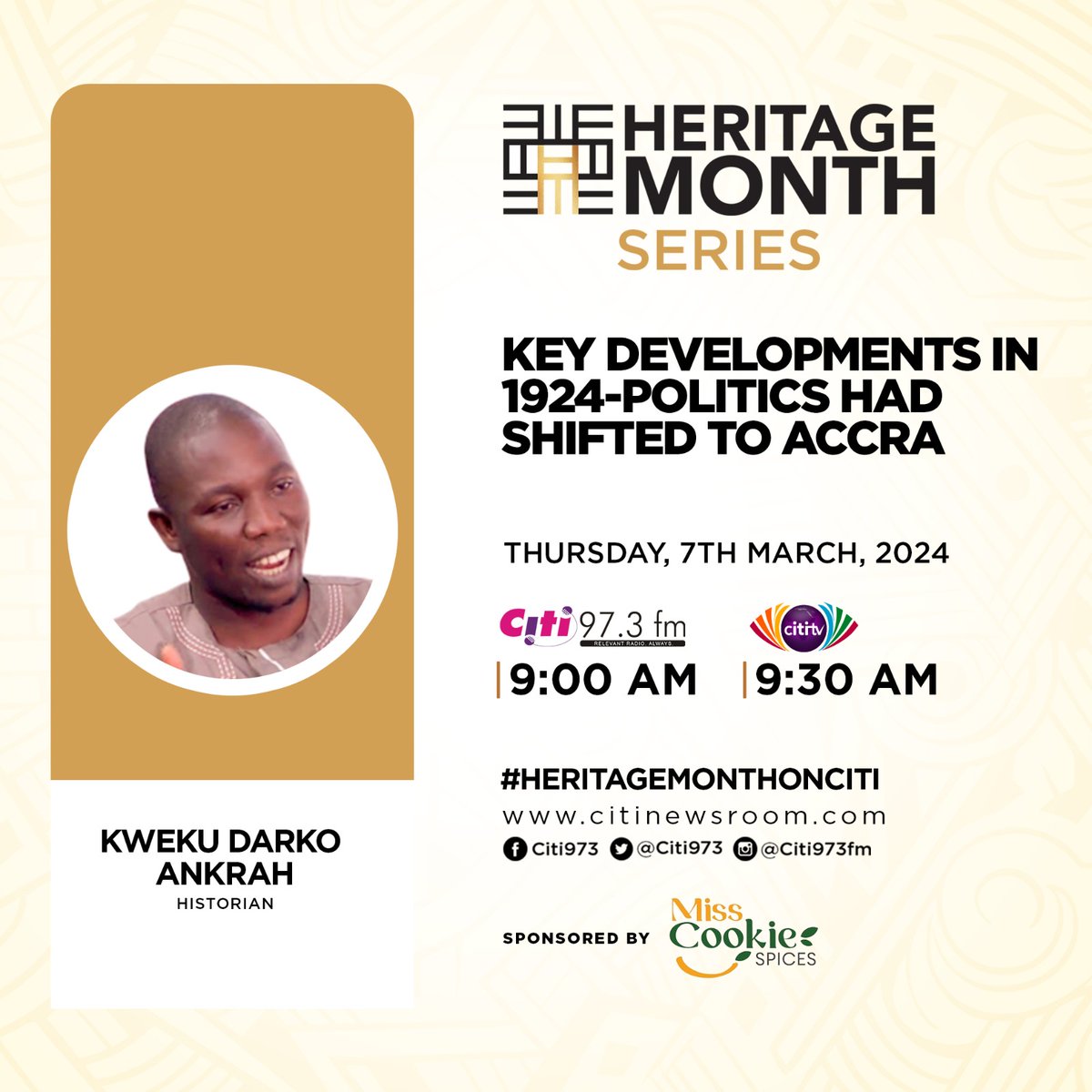 Citi973's tweet photo. We wrap up this week's On-Air Series with Historian @kweku_ankrah, as he gives insights on Key Developments in 1924.
Tune in for an eye-opening episode as always.
#HeritageMonthOnCiti #ImagineGhana
#DiscoverTheUnknown #CitiCBS https://t.co/MKsXylynGp