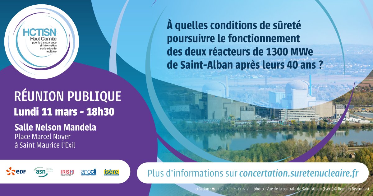 Réunion publique le 11 mars à St-Maurice L'Exil : quelles conditions pour la poursuite de fonctionnement des réacteurs #nucléaires @EDFSAINTALBAN après 40 ans ? réunion ouverte à tous ! #HCTISN @IRSNFrance @anccli @CDIsere #parlonssureté #40ans1300MWe