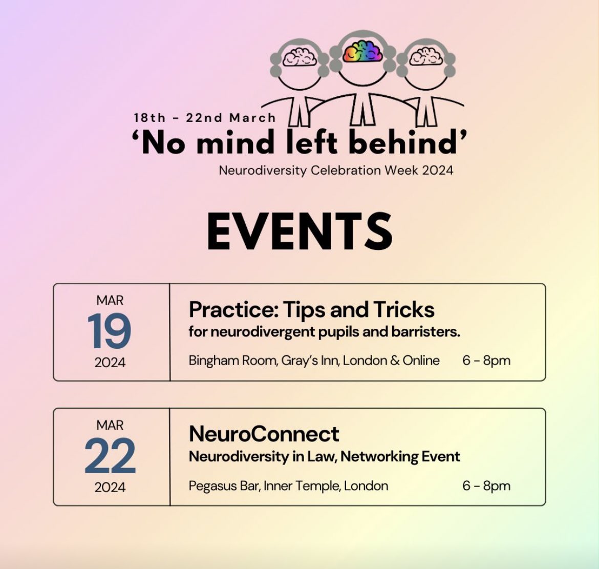 Join Neurodiversity in Law for Neurodiversity Celebration Week 2024! This year we are holding two events in London, and we'll be releasing plenty of content throughout the week! To register for our events, visit: neurodiversityinlaw.co.uk/ncw2024