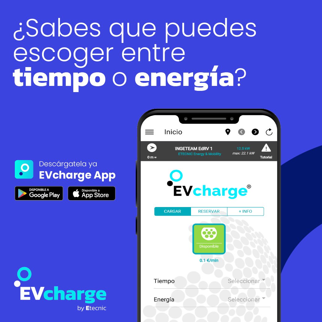 ¡Tiempo o Energía? ¿Cuál prefieres con #EVcharge para cargar tu #vehículoeléctrico? Queremos conocer tu opinión! Time or Energy? Which do you prefer with #EVcharge to charge your #electricvehicle? We want to hear your opinion, comment below! #CargaInteligente #EVchargeAPP