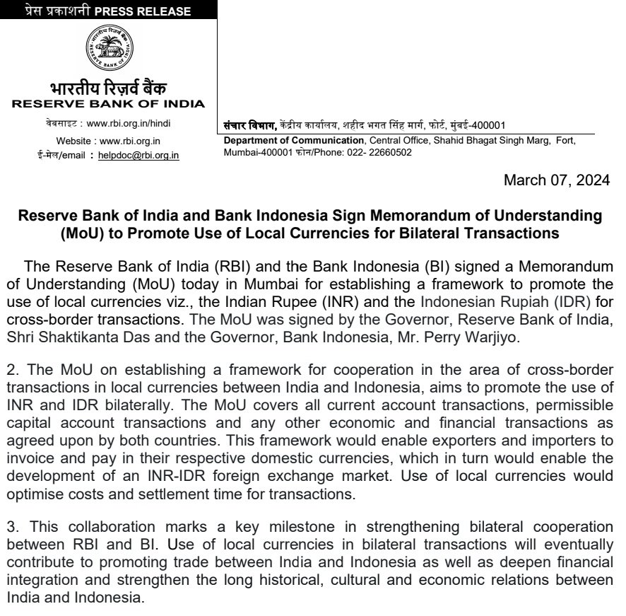 sidhant's tweet photo. Flash: India, Indonesia agree to trade in national currencies- Rupees &amp; Rupiah. Governors of the 2 central banks of the 2 countries sign MoU.  The framework MoU will enable exporters &amp; importers to pay in national currencies. https://t.co/Q8xCTBnXuH