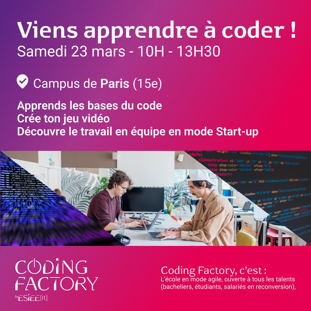 esiee_it's tweet image. La Coding Factory t’invite à son atelier gaming.
Découvre l'univers du développement web et de la création de jeux vidéo.
👉 codingfactory.fr/calendrier-des…
Inscris-toi vite, les places sont limitées !
#codingfactory #developpementweb #jeuvideo #gaming #paris #cergy