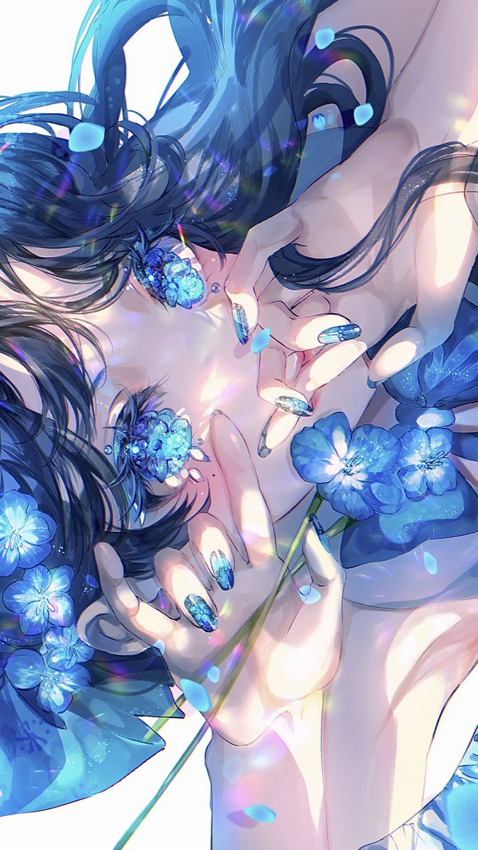 1girl flower solo blue eyes blue flower blue nails long hair  illustration images