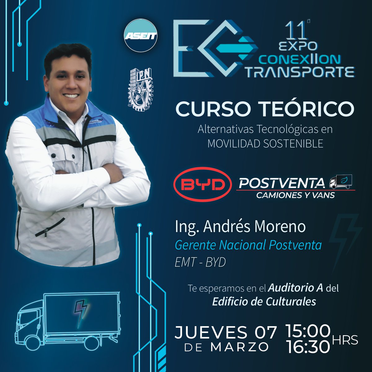 ASEITOficial's tweet photo. Asiste al curso teórico "Alternativas Tecnológicas en MOVILIDAD SOSTENIBLE", impartido por Andrés Moreno como Gerente Nacional Postventa EMT-BYD.⚡️🚗⚡️

📅Auditorio A, jueves 07 de marzo📅
15:00 hrs.

#ASEIT #Movilidad #Ambiente #UPIICSA #vehiculos #Unidades #electromobility #BYD https://t.co/KjU9j6sn5B