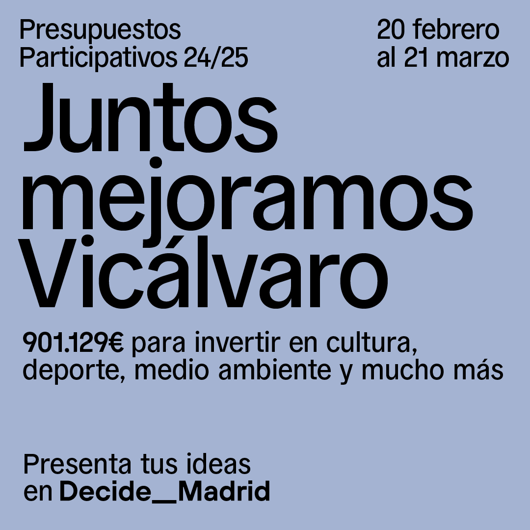 Con tus ideas y los #PresupuestosParticipativos transformamos #Madrid. Presenta tus proyectos en <a href="/DecideMadrid/">Decide Madrid</a> hasta el 21MARZO.
Hay 50 M€ para invertir en toda la ciudad, con 901.129 € para #Vicálvaro.
decide.madrid.es/presupuestos
#Participativos2024