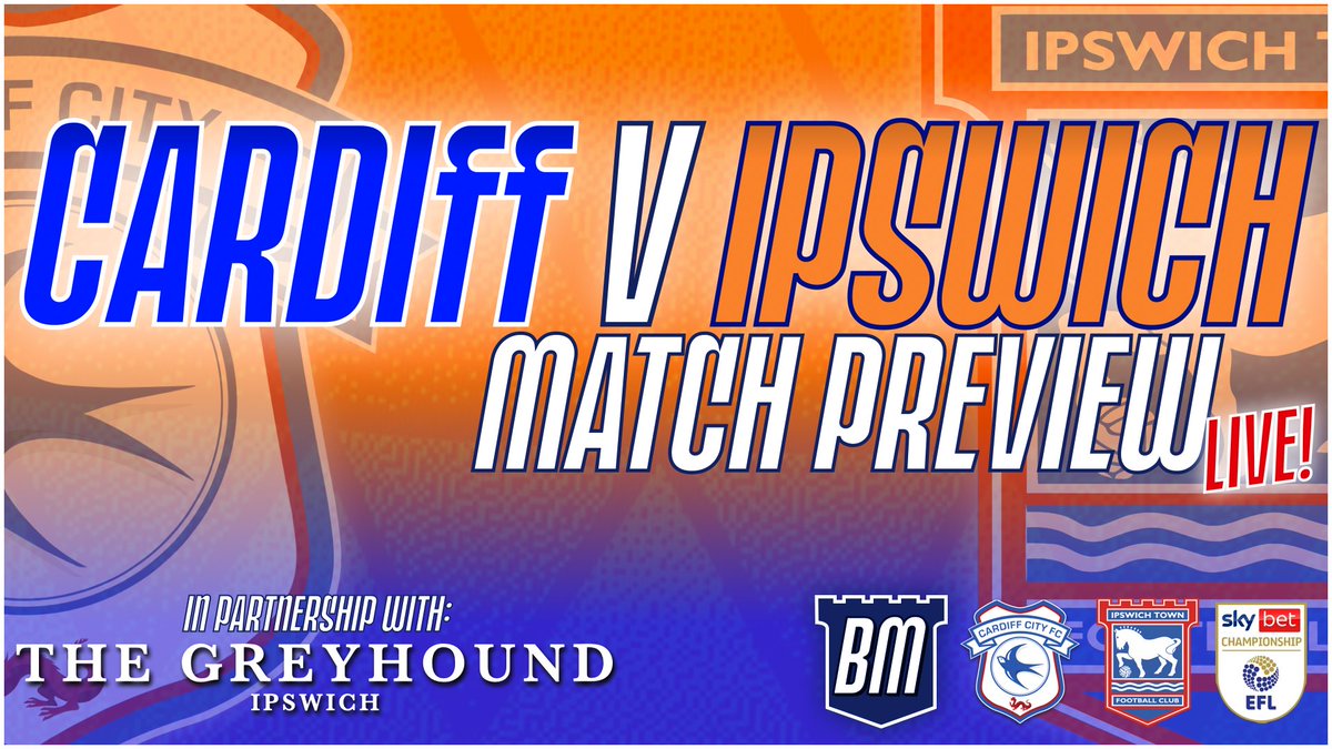 ⏰ **TONIGHT AT 8PM!!** ⚽️ #CardiffCity v #ITFC Match Preview 📺 Available live on YouTube then on demand on podcast afterwards 🎧 🤝 @TheGreyhoundIps