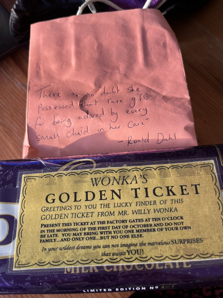 My son is #Wonka today. It’s only right he goes in with chocolate and sweets! Big bars for the teachers who work so hard of course. Plus a lovely quote from Matilda #chocolate #WorldBookDay2024 #teachers #primary