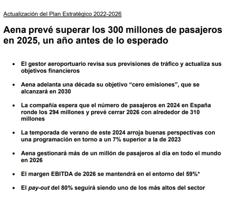 $Aena prevee embarcar 294m de oasajeros en España y 310m para 2026 y un millón en todo el mundo para ese año

 Su margen EBITDA de 2026 quiere mantenerlo en el entorno del 59% y su payout en el 80% (de los más altos en su sector)

#OperationSeaLion